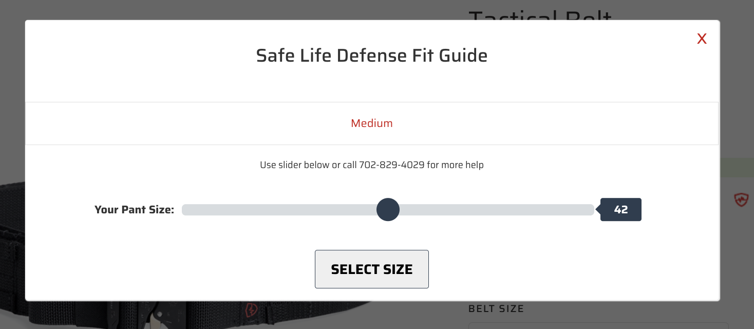 Safe Life Defense Fit Guide for belts: a pant size slider recommends a belt size, with a Select Size button